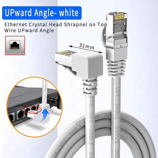 Cat6 Ethernet Cable - White, 90 Degree Right Angle, 10FT, RJ45 LAN, Gigabit Network