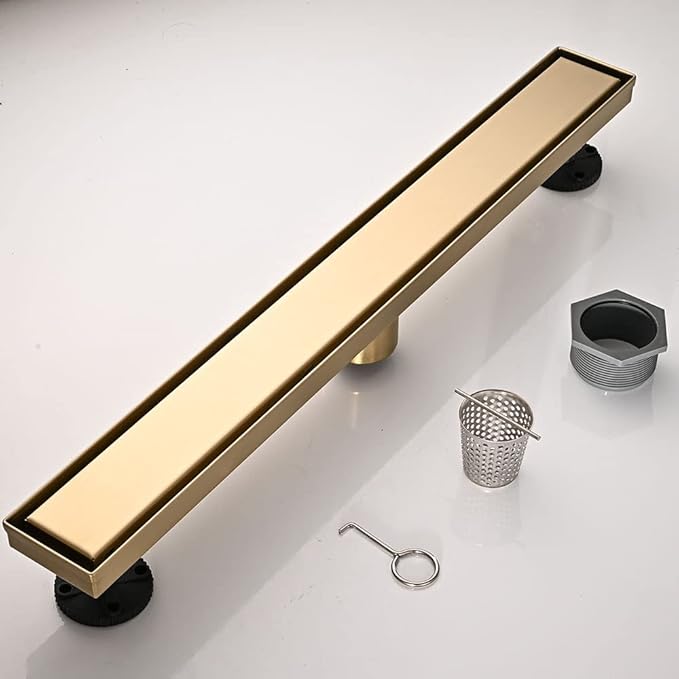 Linear Shower Floor Drain, Brushed Gold 42 Inch 304 Stainless Steel Bathroom Drains Kit, Rectangular Shower Trench Drain with Reversable Tile-in Pattern Drain Cover & Hair Catcher