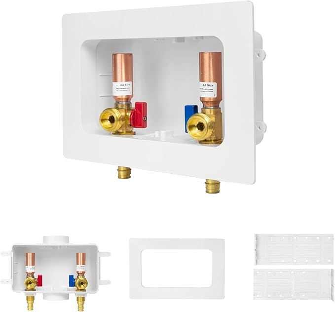 50-PACK GUOFIS Washing Machine Outlet Box with Center Drain,PEX Laundry Washer Box with Copper Water Hammer Arrestor (1/2"PEX-A Expansion Connection Inlet X 3/4"MHT Outlet)