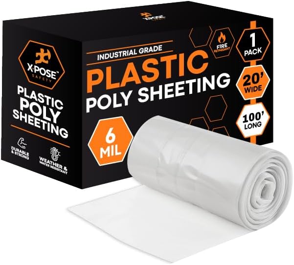 Xpose Safety Clear Plastic Sheeting – 20' x 100' Roll – Heavy Duty 6 Mil Fire Retardant Poly Sheet – Waterproof, Dustproof, Vapor Barrier – for Construction, Painting, Industrial Use