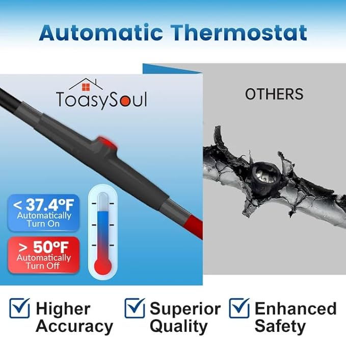 55 FT Heat Tape for Water Pipes Freeze Protection with Thermostat, Electric Heat Trace Pipe Heating Cable Energy-Saving 120V 7W/FT
