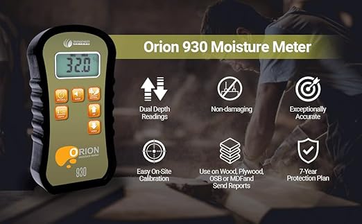 Orion® 930 Pinless Wood Moisture Meter by Wagner Meters I Accurate, Non-Damaging, Dual Depth Lumber Moisture Measurement, On-site Calibration (Standard Calibrator)