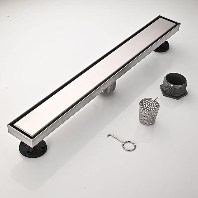 Linear Shower Floor Drain, 40 Inch Brushed Nickel 304 Stainless Steel Bathroom Drains Kit, Rectangular Shower Trench Drain with Reversable Tile-in Pattern Drain Cover & Hair Catcher