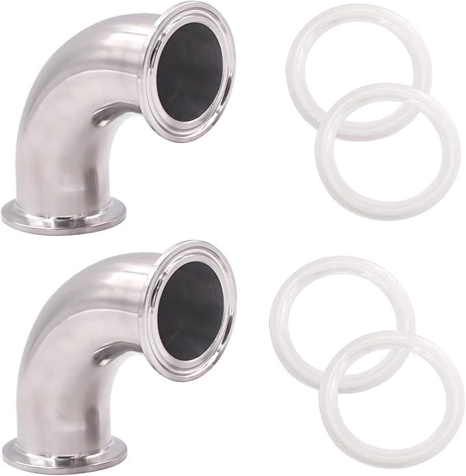 DERNORD 2 Pack 1.5" Tube OD Sanitary Ferrule Elbow 90 Degree Pipe Fitting with 4 Silicone Gaskets SUS304 Tri Clamp 1.5 Inch