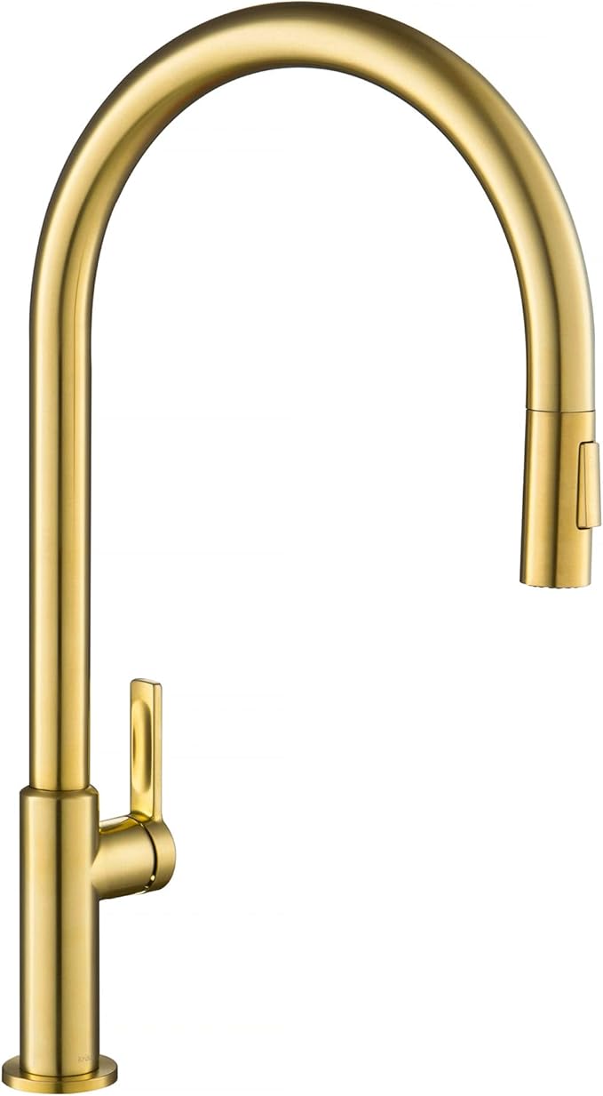 KRAUS Oletto High-Arc Single Handle Pull-Down Kitchen Faucet in Brushed Brass, KPF-2821BB