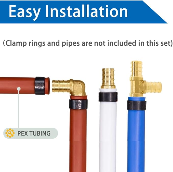 Hooshing 30PCS PEX Fittings Combo 3/4 Inch Straight Coupling(10) 90 Degree Elbow (10) PEX Tee (10) Brass Barb Crimp Pipe Plumbing Hose Fittings