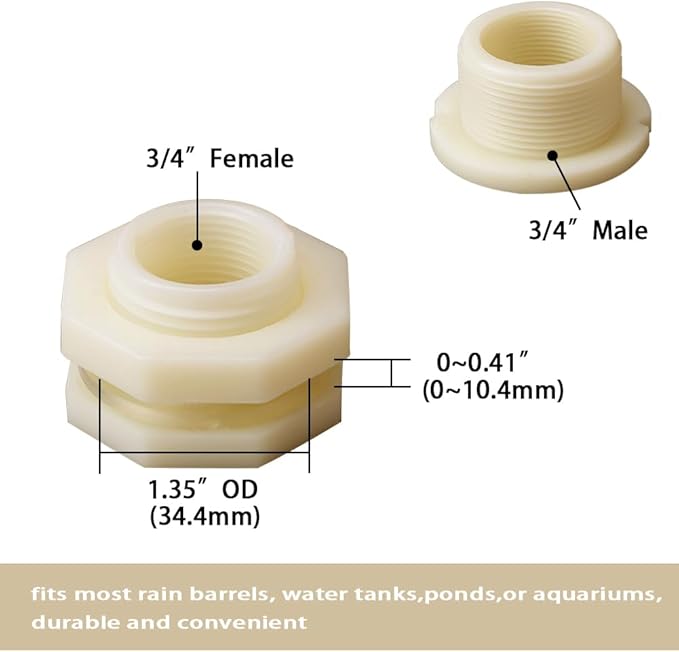 3/4 Female ABS Bulkhead Fitting, Plastic Water Tank Connector Adapter Fitting with Plugs for Outdoor rain Barrel Garden Hose Adapter Spigot kit Water Tank Gallon Drain Bucket(Set of 4)