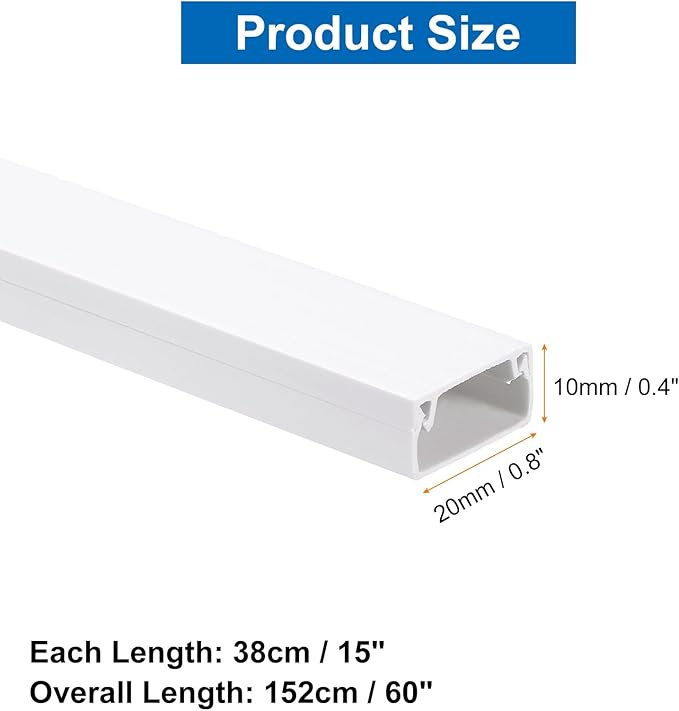 HARFINGTON 4pcs Cord Hider Wall 15inx0.8inx0.4in (LxWxH) PVC Cable Cover Self Adhesive Wire Hider Wall Mounted TV Cable Raceway for Cables Management (60in Total Length),White