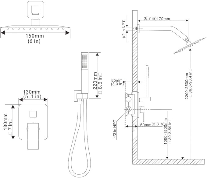 Oil Rubbed Bronze Shower System 6 Inch Bathroom Rain Mixer Shower Combo Set Wall Mounted Rainfall Shower Head and Handheld System Shower Faucet Set Rough-in Valve Body and Trim Kit