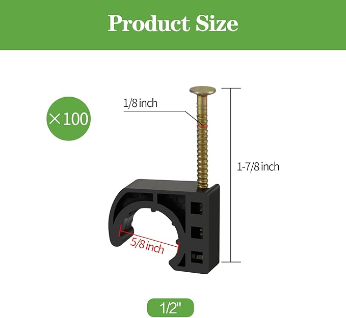 100 Pack 1/2" Half Clamps J-Hook with Nails Set, J Clamps for PEX, Copper, CPVC Tubing Connections