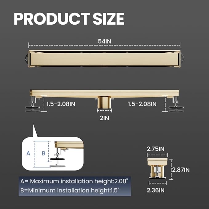 Linear Shower Drain 54 Inch Gold, Brushed AISI 304 Stainless Steel Shower Drain with 2-in-1 Tile Insert Panel, for Bathroom, Kitchen, Garage & More
