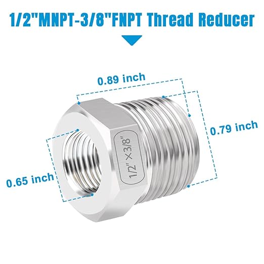 Quickun Stainless Steel Reducing Hex Bushing, 1/2" Male NPT to 3/8" Female NPT, Reducer Bushing Pipe Hose Fitting （Pack of 2）