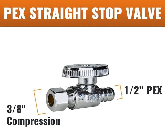 SUNGATOR 10-Pack Straight Stop Valve, 1/2" PEX x 3/8" OD Compression, Quarter Turn Chrome Plated, 1/2 inch Pex Shut Off Valves for Faucet and Toilet, UPC Certified