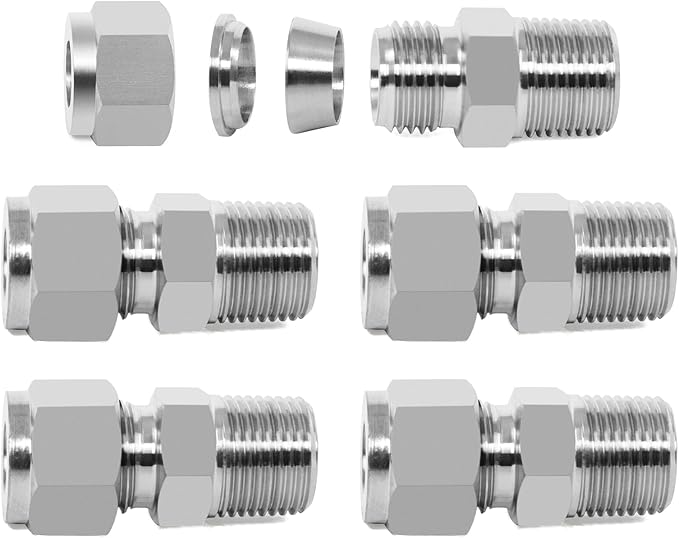 ChillWaves 304 Stainless Steel Compression Tube Fitting, 1/8" OD x 1/8" NPT Male Compression Union Connector(5-PACK)