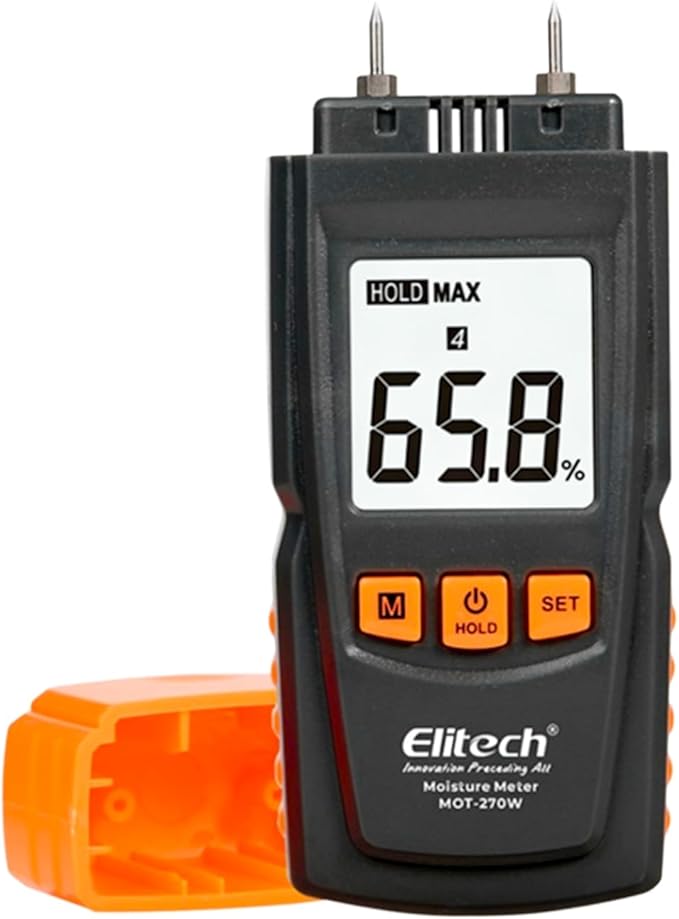Elitech Digital Moisture Meter Water Leak Detector with Pin Probes, Moisture Tester for Wood Floors Walls with 4 Wood & Material Modes, Hold Function, Max/Min Reading MOT-270W