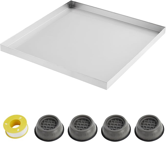 32" x 30" Washing Machine Drain Pan, 304 Stainless Steel Heavy Duty Washer Drip Tray with 4 Anti-Vibration Feet for Compact Washers
