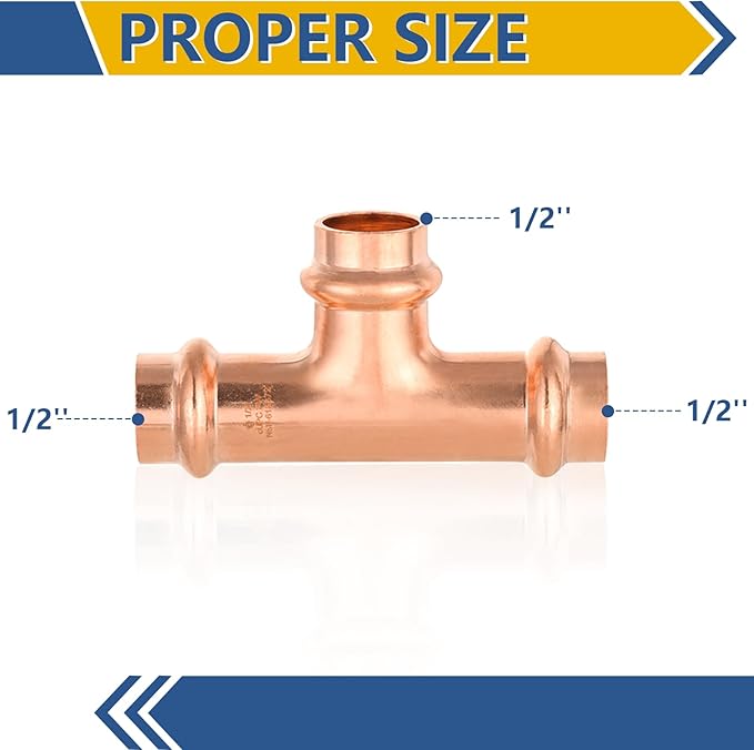 50-Pack GUOFIS Copper Press Tee,1/2" x 1/2"x 1/2" Tee Fittings for Copper Tube Connection with Stop(PRESS009-50Pack)