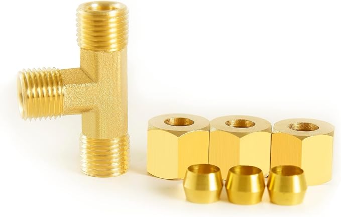 ChillWaves Brass Tee Compression Tube Fitting, 3/16" OD x 3/16" OD Union Connector (5-Pack)