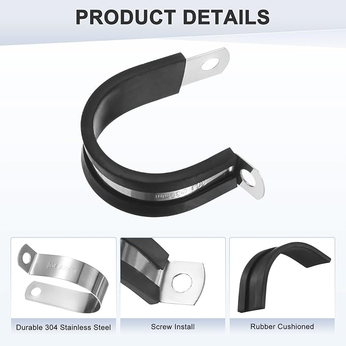 12-Pack Cable Clamps, 1-3/16 Inch/ 30 mm 304 Stainless Steel Rubber Cushioned Insulated Cable Clamp R Shape Metal Holder for Tube/Wire/Pipe/Loop Installation