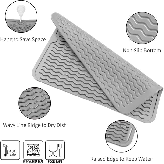 Silicone Dish Drying Mat for Multiple Usage,Easy clean,Eco-friendly,Heat-resistant Silicone Mat for Kitchen Counter or Sink,Refrigerator or drawer liner Grey L 16 inches x 12 inches