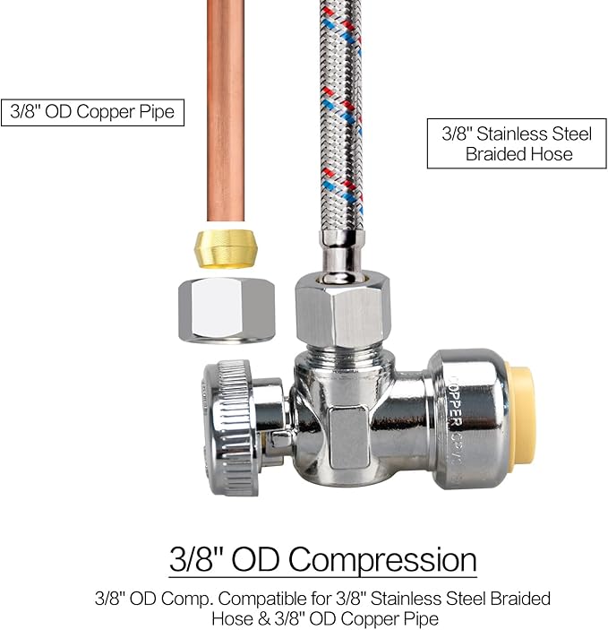 2pcs Stop Valves, 1/2" × 3/8" Angle Stop Valve, 1/2" PTC Input, 3/8" OD Compression Output, Push to Connect, 1/4 Turn, Chrome Plated Brass for Faucet, Toilet Valves, No Lead