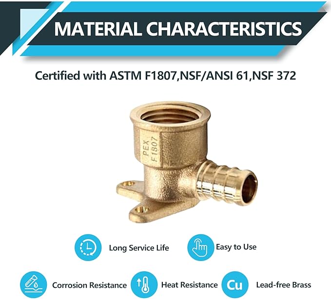 (100-Pack) PEX Fittings, Pex 1/2" x 1/2" Female Threaded NPT Drop Ear Elbow Adapter, Brass Crimp Fittings, for PEX Tubing Pipe Plumbing, ASTM F1807(PEX1807159-100Pack)