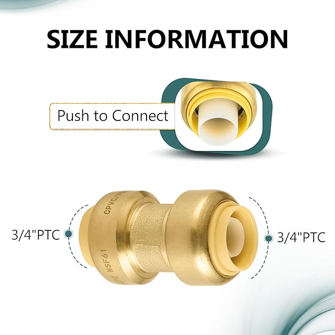 100-Pack Niikappu Push Fit Fittings, 3/4" x 3/4" Brass Plumbing Fittings to Connect PEX, Copper, CPVC, Brass Straight Coupling With Disconnect Clip(PF008-100Pack)