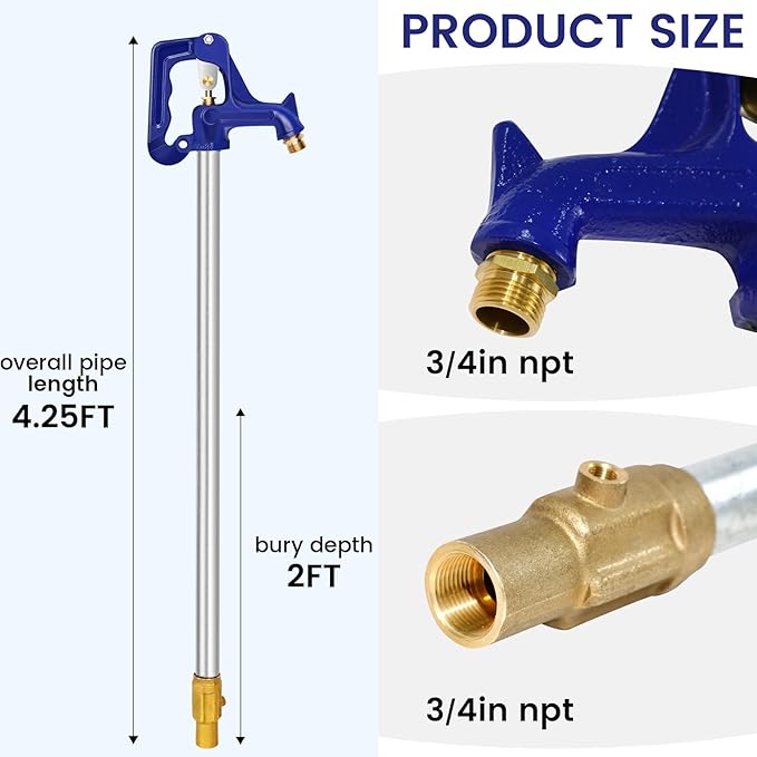 4.25FT Frost-Free Yard Hydrant, Freezeless Frost Proof Hydrant,Water Hydrant 3/4" Pipe Connection,Total Length 4.25ft, 24" Bury Depth,for Yard,Garden,Pasture Irrigation and Drinking