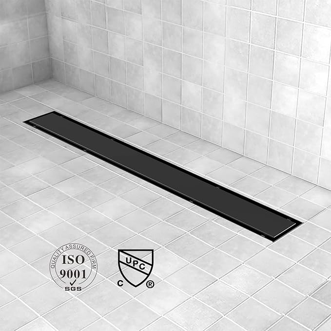 Linear Shower Drain, 18 inch Black Drain with Tile Insert 2-in-1 Panel, Brushed 304 Stainless Steel Shower Floor Drain, Linear Drain with Hair Strainer and Adjustable Feet