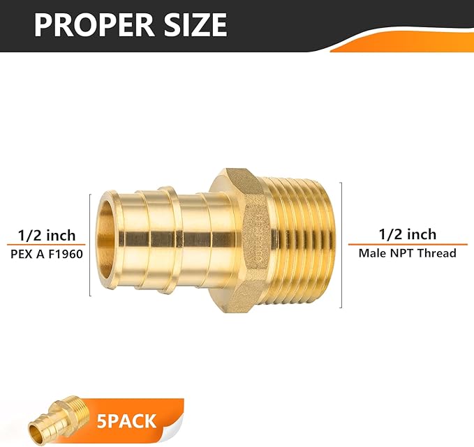 5-Pack HeSun PEX A Expansion Fitting, 1/2 Inch Male Thread Adapter,1/2" Male NPT x 1/2" Pex Expansion Adapter,ASTM F1960(PEX1960016-5)