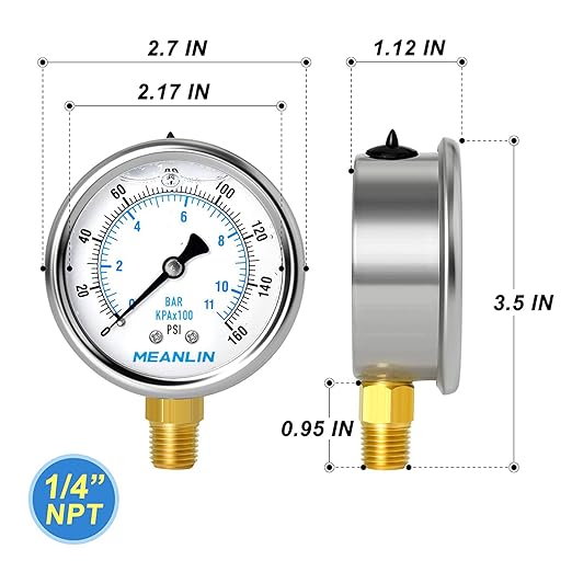 MEANLIN MEASURE 0~160Psi Stainless Steel 1/4" NPT 2.5" FACE DIAL Liquid Filled Pressure Gauge WOG Water Oil Air Lower Mount (Pack of 2), with 1/2" NPT and 3/8" NPT Hex Bushing