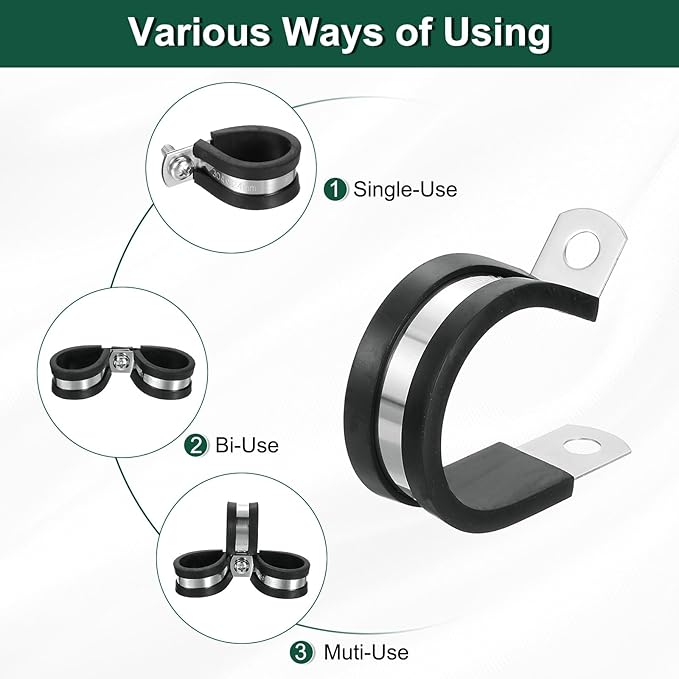 uxcell 1-1/8"(28mm) Cable Clamp, 304 Stainless Steel Rubber Cushioned Insulated Clamp R Shape Metal Clamp Tube Holder for Pipe Hose Wire Cord Installation 10Pcs