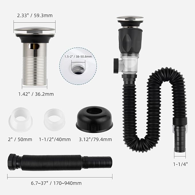 iFealClear Bathroom Sink Drain Kit, Flexible P-Trap Drain Pipe with Pop Up Stopper, Sink Pipe Replacement with 2 Adapters, Fits 1-1/4'', 1-1/2'', 2" Holes, Large Cover Cap, Brushed Nickel