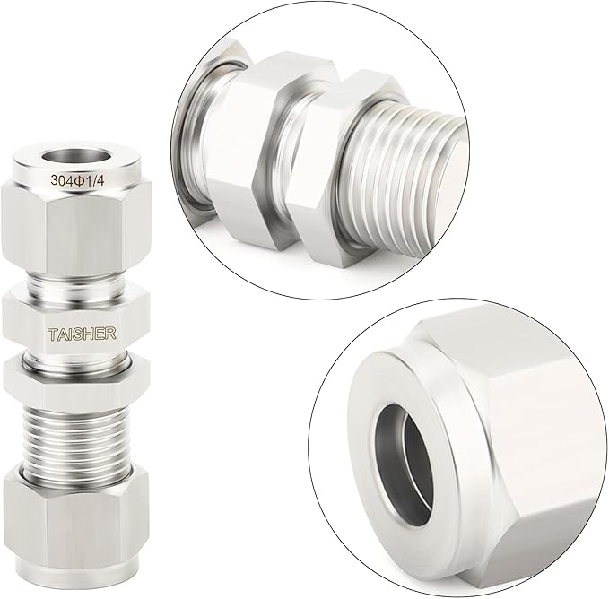 TAISHER 1PCS 304 Stainless Steel Thru-Bulk Bulkhead Compression Tube Pipe Fitting Connector, 1/4" Tube OD x 1/4" Tube OD Straight Adapter