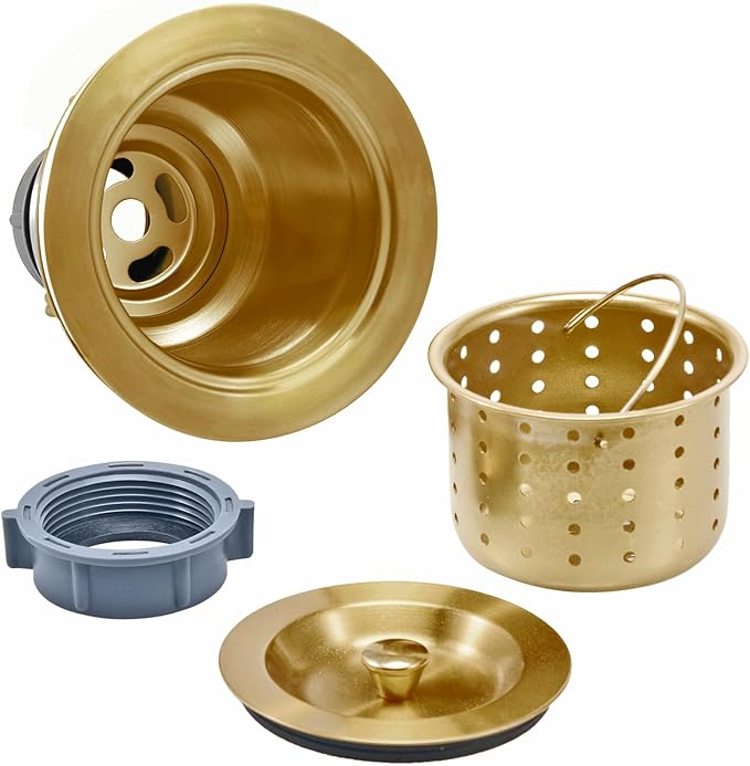 KONE 3-1/2 Inch Brass Sink Drain, Durable Stainless Steel Brass Kitchen Sink Drain Assembly Kit with Sink Strainer Waste Basket/Strainer Assembly/Sealing Lid for Standard Kitchen Sink
