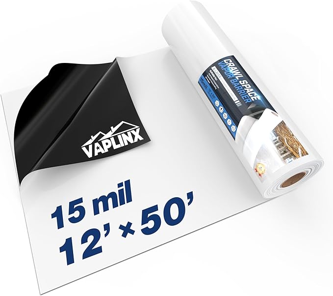 Crawl Space Vapor Barrier - 15 Mil Vapor Barrier - (12' x 50'), Tear Resistant, Heavy Duty Vapor Barrier Plastic, Drop Cloth Moisture Barrier Plastic Sheeting Covering for Crawlspace Encapsulation