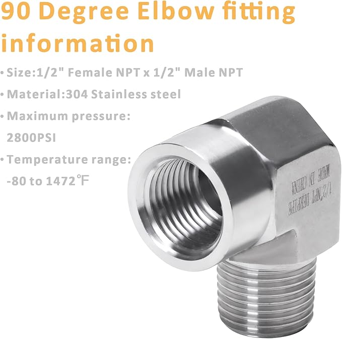 90 Degree Street Elbow - 1/2" NPT Male to 1/2" NPT Female Stainless Steel 304 Heavy Duty Forged Barstock Street Elbow Adapter Pipe Fitting (pack of 2)