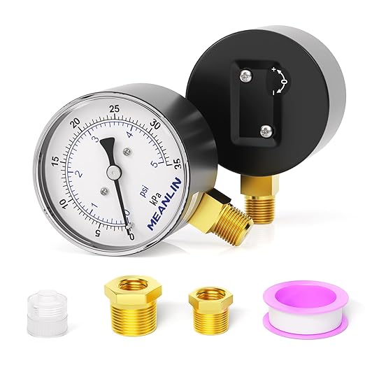 MEANLIN MEASURE 0-5Psi Diaphragm Type Capsule Low-Pressure Gauge, Water Column Gauge, 2.6" Dial, 1/4" NPT, Rear Adjustable Knob, with 1/2" NPT and 3/8" NPT Hex Bushing, Lower Mount