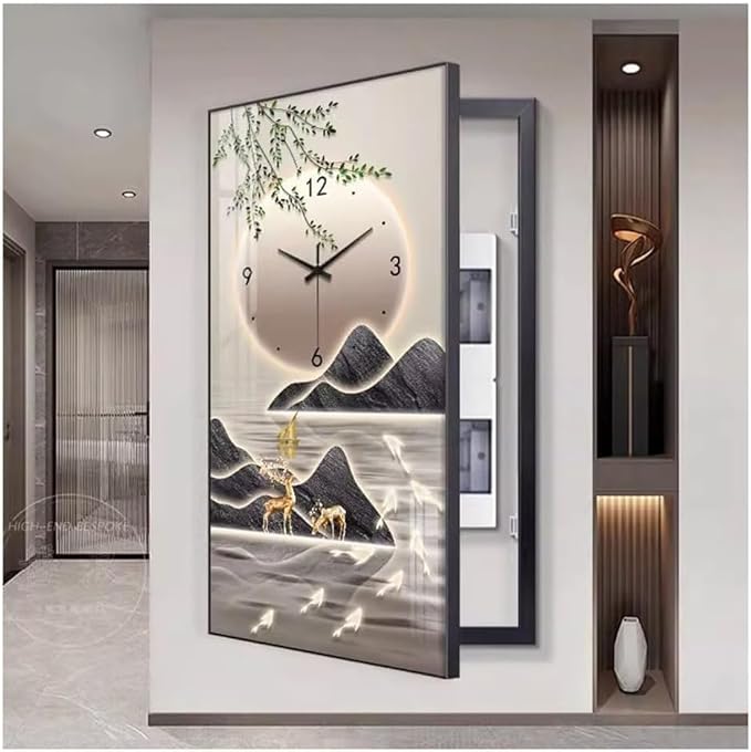 Fuse Box Cover Cabinet, Breaker Box Cover, Decorative Painting of Electricity Meter with Clock, Wall Mounted Hide Electrical Panel Cover Decorative,H,40x60cm
