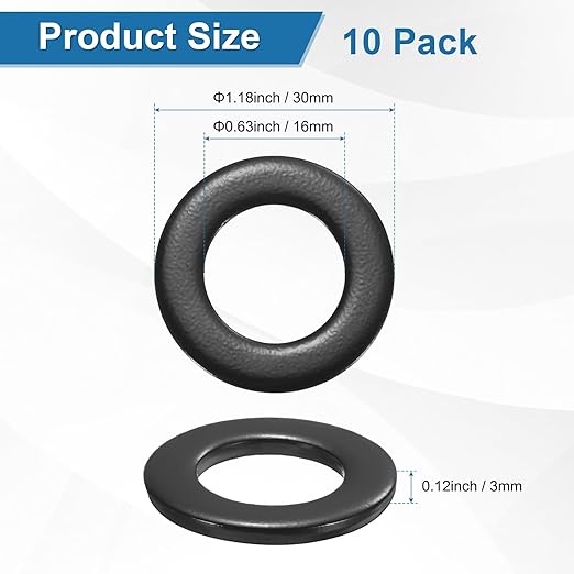 10-Pack M16 Flat Washers, Metric 30mm OD 3mm Thick 304 Stainless Steel Washers for Bolts Screws Nuts for Automotive/Machinery/Furniture, Flat Metal Washers [Black Galvanized]