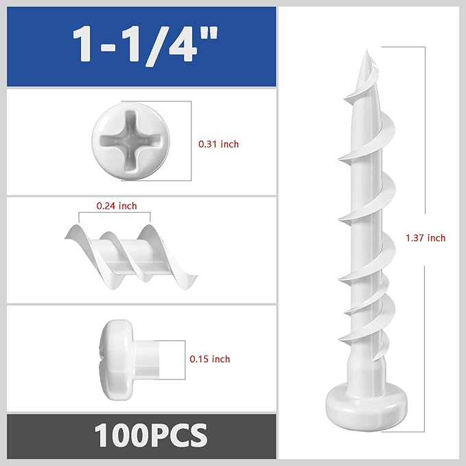 (100 pcs) Pan Head Drywall Anchors 1-1/4" White Anti Rust Coating, Bolt Anchor, Duty Hollow Wall Anchors