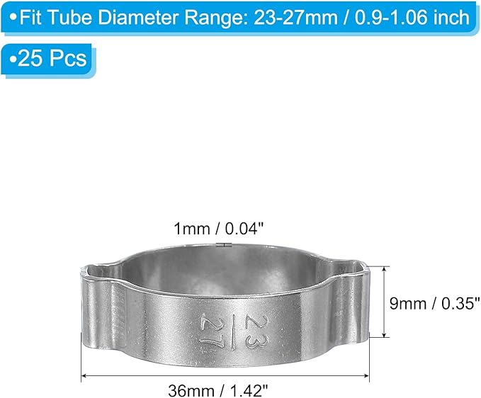 PATIKIL 25 Pack 23-27mm Double Ear Hose Clamp, 304 Stainless Steel O Clip Crimp Rings for Fuel Petrol Pipe Tube Fitting Connections, Silver Tone