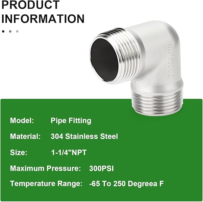TAISHER 2PCS 304 Stainless Steel 90 Degree elbow,1-1/4" NPT Male × 1-1/4" NPT Male Thread Pipe Fitting