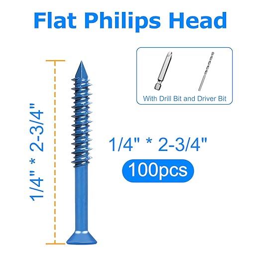 100PCS Concrete Screws Assortment Kit, 1/4" x 2-3/4" Masonry Screws with Drill Bit and Driver Bit, Flat Head Cement Screws and Anchor, Diamond Point, Self Tapping Concrete Brick or Stucco, Blue Coated