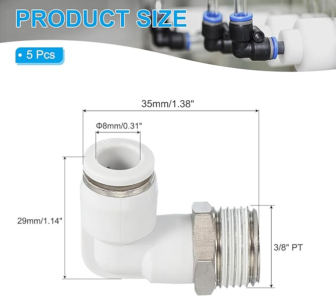 PATIKIL Push to Connect Fitting, 5 Pack Pneumatic Air Elbow Quick Connector 3/8"PT Male Thread x 8mm Tube 90 Degree Connect Tubing Elbow Air Tube Fitting Pneumatic Quick Adapter, White
