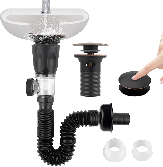 iFealClear Bathroom Sink Drain Kit, Flexible P-Trap Drain Pipe with Pop Up Stopper, Sink Pipe Replacement with 2 Adapters, Fit 1-1/4'', 1-1/2'', 2” Holes, Big Cap, Brass Bounce Core, Oil Rubbed Bronze