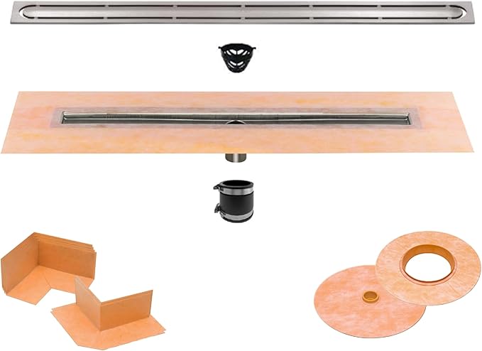 All-in-one Waterproof Linear Shower Drain Kit with 28 Inch Center Outlet Channel Body (KL1V60E70) and Drain Grate Assembly (Cover) in Pure Design with Brushed Stainless Steel Finish (KL1IFG23EB70)
