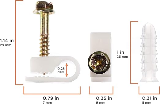 THE CIMPLE CO Ribbed Plastic Conical Anchors and White Cable Screw Clips - for Concrete, Stucco, Brick, Drywall, and Similar - Kit of 10 Screw Clips, and 10 Anchors