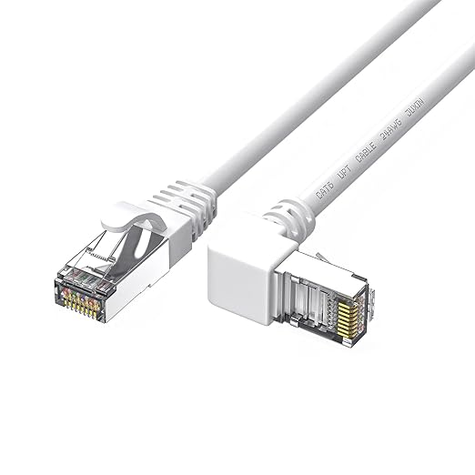 Cat6 Ethernet Cable - White, 90 Degree Right Angle, 10FT, RJ45 LAN, Gigabit Network