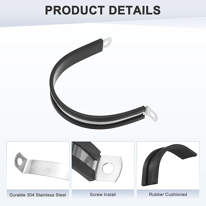 6-Pack Cable Clamps, 2-3/8 inch/ 60 mm 304 Stainless Steel Rubber Cushioned Insulated Cable Clamp R Shape Metal Holder for Tube/Wire/Pipe/Loop Installation